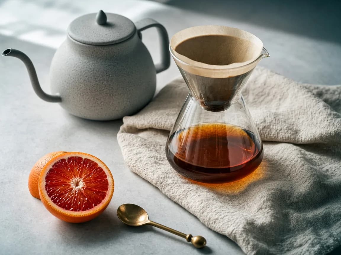 Still life generated with GPT Image 2.5: ceramic kettle and blood orange
