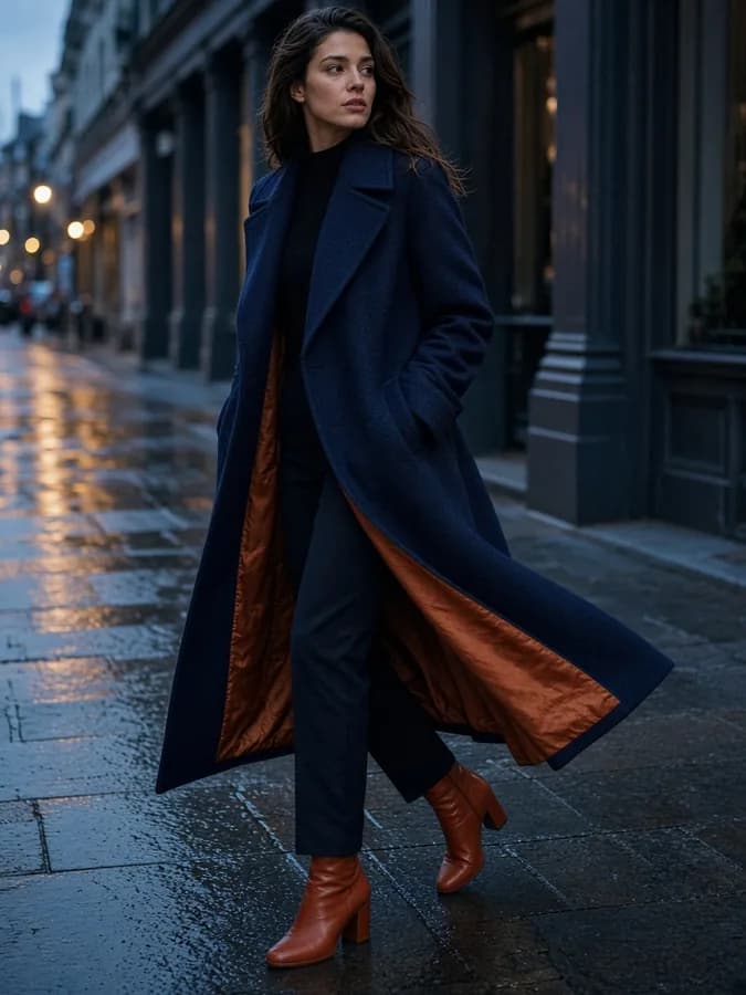 Navy coat street fashion on a wet city sidewalk at dusk