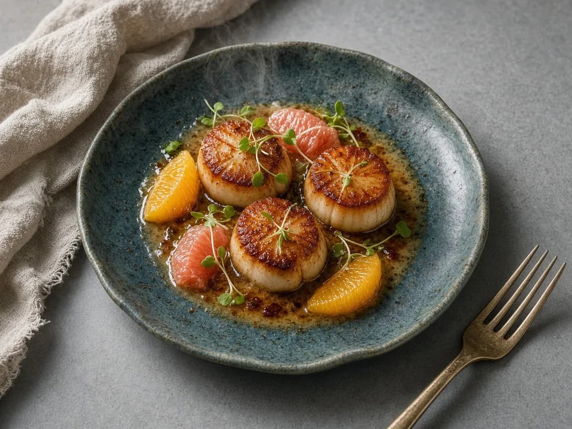 Seared scallops in browned butter on handmade ceramic