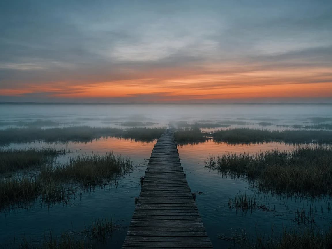 Early-morning salt marsh with fog and a wooden walkway