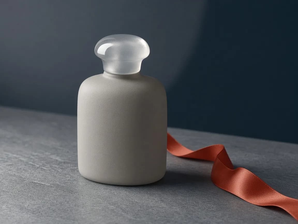 Frosted glass bottle product still life with a rust ribbon