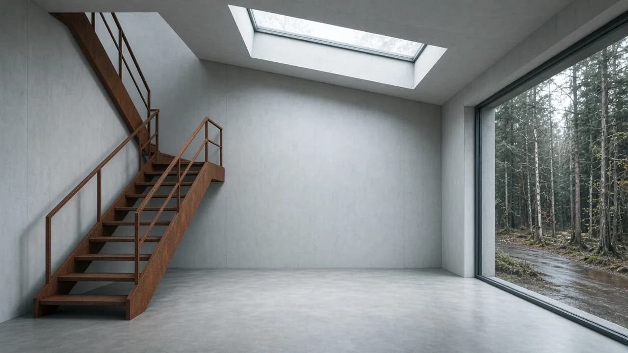Concrete gallery interior with a rusted steel stair and skylight